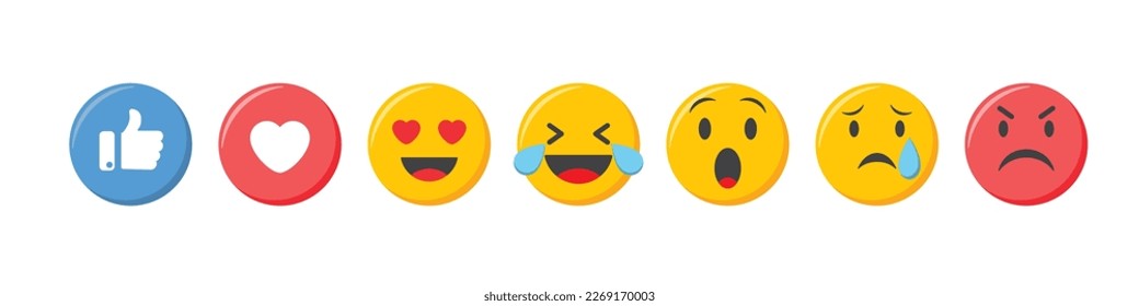 Iconos de Emoji establecidos. Colección de reacciones emoticonas de medios sociales, ilustración vectorial