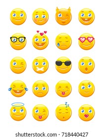 Emoji icons vector set. Cute cartoon emoticons. Yellow smiles on white background. Cartoon smiles 