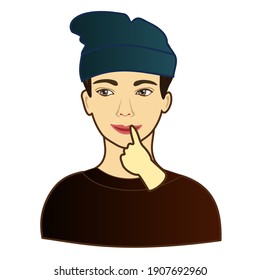 emoji with indecisive man that is unsure what to think about current situation with a bit puzzled and confused face touching his lips with index finger while trying to decide what to do