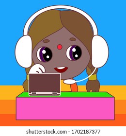 emoji Indian customer support girl that is wearing a headset, smiling woman wearing headphones and a microphone answering the call of a client to solve technical issue, simple colored emoticon
