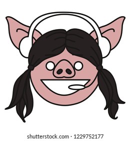 emoji with indian customer support pig gal that is wearing a headset, smiling woman wearing headphones and a microphone answering the call of a client to solve technical issue, eps 10 vector clip art