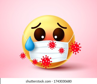 Emoji infiziert mit Cavid-19 Coronavirus. Emoji Emoticon tragen Gesichtsmaske infiziert und exponiert im Jahr 2019-Ncov Coronavirus Ausbruch. Vector-Abbildung.
