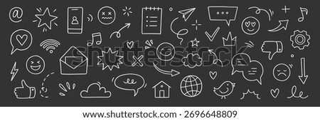 Emoji internet sketch icon set. Internet conversation, media outline tech emoji, star, arrow shape. Hand drawn sketch chat emoticon reaction, cloud, smile face on chalkboard. Vector illustration
