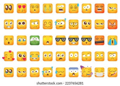 Emoji isolated graphic elements set in flat design. Bundle of different emoticon faces with expression emotions - cute, kiss, crying, screaming, angry, enjoy, thinking and other. Vector illustration.