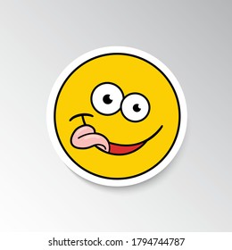 Emoji isolated on sticker, smiling face with stuck-out tongue. Vector illustration.