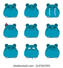  emoji aislado en fondo transparente, ilustración vectorial, infografía, animación, sitio web, caricatura, aplicación de pegatinas hippo de dibujos animados. Diseño de personajes emoticonos hippo cara emoción 