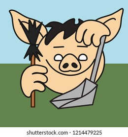 emoji with janitor pig that is cleaning the floor from garbage with broom & scoop, simple hand drawn emoticon, simplistic colorful picture, vector art with pig-like characters