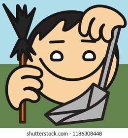 emoji with janitor that is cleaning the floor from garbage with broom & scoop, simple colored emoticon, simplistic colorful pictogram, ball like personage with thick outlines, primitive vector art