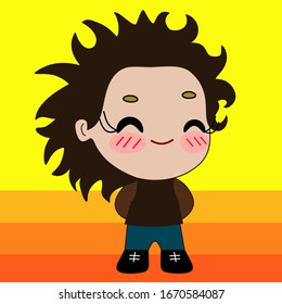 emoji with japanese styled boy with closed eyes, long eyelashes, blushed cheeks and a shy smile, simple colored emoticon