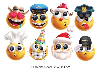 Emoji job characters vector set. Emojis career character like cowboy, pilot, reindeer, police, chef, santa claus and seafarer wearing hat costume yellow icon graphic elements. Vector illustration