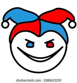 emoji with joker with evil smile wearing a colored clown hat or cape with bells, simple hand drawn emoticon, ball or circle shaped face, simplistic facial expression, eps 10 vector illustration