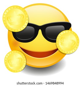 Emoji Kawaii Face Sunglasses. Vector Design Art. Money Trendy Communication. Coin Chat Elements.