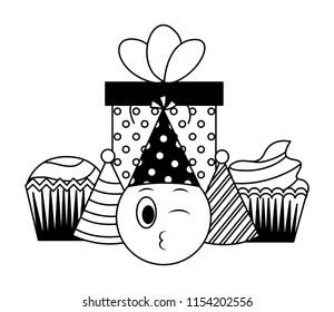 emoji kawaii with gift box present and hats party