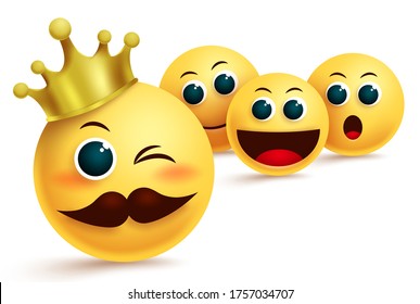 Emoji king admire vector design. Emoji king idol wearing gold crown admire with other emojis in different facial expression for champion & admiration concepts. Vector illustration.