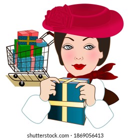 emoji lady in hat and fur coat is shopping, holding a box in her hands, vector illustration on a white isolated background with a shopping cart full of gifts