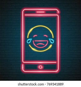 Emoji Laugh with Phone Symbol Neon Light Glowing Graphic Vector