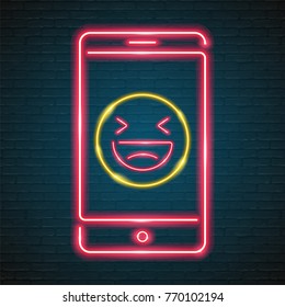 Emoji Laugh with Phone Symbol Neon Light Glowing Graphic Vector Design Blue and Red Yellow Colour