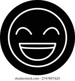 Emoji Laugh vector symbol. White line art style isolated on black circle background. Perfect for app button or UI element. This cheerful laughing emoticon is ideal for fun and humorous social media interactions.