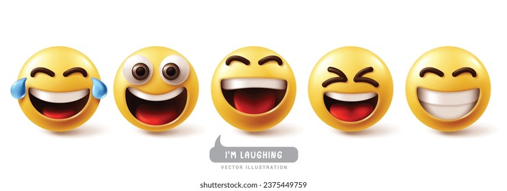 Emoji laughing emoticon characters vector set. Emojis emoticons characters with happy, laugh, fun, enjoy, cheerful and smiling facial expressions yellow graphic elements collection. Vector 