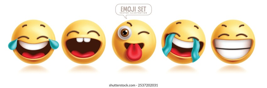 Emoji laughing emoticon characters vector set. Emojis emoticons character with happy, laugh, fun, enjoy, cheerful and smiling facial expressions yellow graphic elements collection. Vector illustration