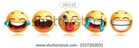 Emoji laughing emoticon characters vector set. Emojis emoticons character with happy, laugh, fun, enjoy, cheerful and smiling facial expressions yellow graphic elements collection. Vector illustration