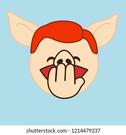 emoji with laughing pig man with closed eyes that is jokingly covering his mouth with palm in laughter, vector emoji drawn by hand in color, simplistic colorful picture