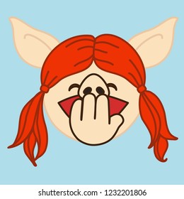 emoji with laughing pig woman with pigtails & closed eyes that is jokingly covering her mouth with palm in laughter, simple hand drawn emoticon, simplistic colorful picture, eps 10 vector clip art