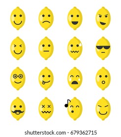Emoji lemon set. Lemon icons on the white background. Flat cartoon style. Vector illustration.