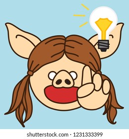 emoji with light bulb floaing above pig woman's head, smiling gal that just got an idea pointing her finger up with the "aha!" expression on her face, simple hand drawn emoticon