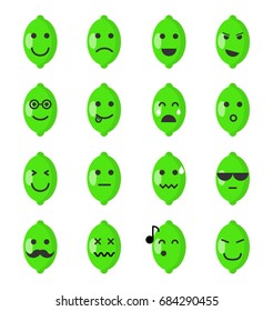 Emoji lime set. Lime icons on the white background. Flat cartoon style. Vector illustration.