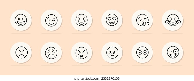 Emoji line icon. Emotions, joy, sadness, anger, laughter, love, pleasure. Pastel color background. Vector line icon