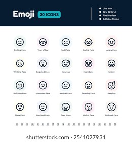 Emoji Line Icon Set - Pixel perfekt bearbeitbare Stroke Vektordesign