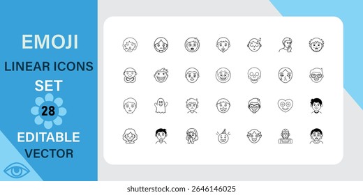 Emoji linear icons set. Emotions, expressions, faces and more. Outline vector icon in linear style. Editable stroke. Vector illustration.