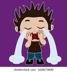 Emoji with a little crying man from whose eyes a stream of tears pours, emoticon on purple isolated background