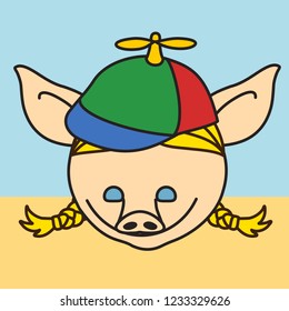 emoji with little pig girl that is wearing a propeller hat that is playing in a sandbox, simple hand drawn emoticon, simplistic colorful picture, vector art with pig-like characters