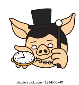 emoji with London dandy pig in a high society top hat that is holding watch on a chain & a cane, english gentleman showing what time is it now on his clock, vector emoji drawn by hand in color