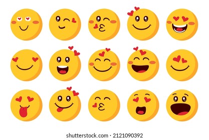 Emoji love characters vector set. Emojis emoticon with inlove and blushing in side view happy face reaction for valentine emoticons collection design. Vector illustration.
