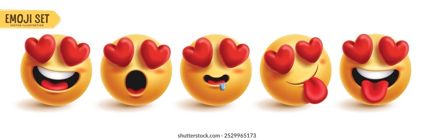 Emoji en el conjunto de Vectores de personajes de amor. Emojis emoticon colección de iconos 3d en Elementos gráficos de expresión facial feliz, divertido, lindo, amor, corazón y obsesionado. Ilustración vectorial emoticono en el amor