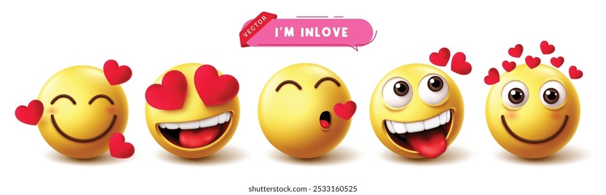 Emoji en el conjunto de Vectores de personajes de amor. Emojis personaje emoticono en 3d en amor amarillo emoticono rubor, beso, obsesionado y atraer la expresión facial Elementos gráficos icono colección. Ilustración vectorial 