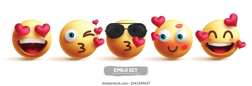 Emoji en el conjunto de Vectores de personajes de amor. Los emojis aman la colección del personaje del emoticono con el corazón, la obsesión, el beso volador, la marca del beso y la colección feliz del icono de la expresión facial. Ilustración vectorial romántica 