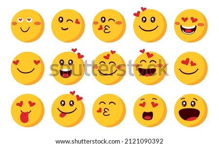 Emoji love characters vector set. Emojis emoticon with inlove and blushing in side view happy face reaction for valentine emoticons collection design. Vector illustration.
