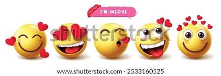 Emoji in love characters vector set. Emojis emoticon character in 3d in love yellow emoticon blush, kiss, obsessed and attract facial expression graphic elements icon collection. Vector illustration 