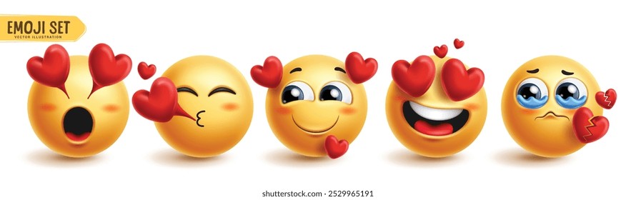 Emoji no amor emoticon caracteres conjunto vetor. Emojis emoticons personagem com no amor, coração, adorável, feliz e engraçado coleção de elementos gráficos. Coleção de ícones emojis de ilustração de vetor.
