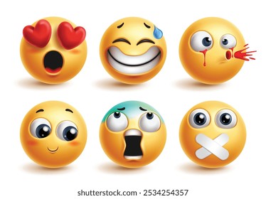 Emoji no amor emoticon caracteres conjunto vetor. Emoticons 3d bonito personagem no amor, animado, ofendido, tímido, gritando e silencioso expressão facial da coleção de ícones amarelos. Ilustração vetorial bonito