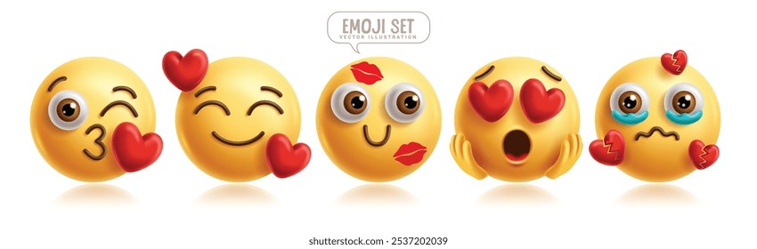 Emoji in love emoticon characters vector set. Emojis 3d yellow characters with love, heart, lovely, kiss, happy and broken graphic elements collection. Vector illustration emojis in love icon 