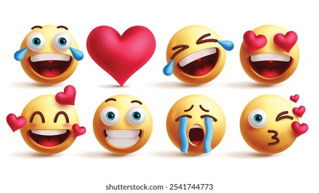 Emoji in love emoticon characters vector set. Emojis happy, heart, laughing, love, attract, smile, teary eyes and romantic facial expressions graphic elements. Vector illustration emojis 3d emoticons 