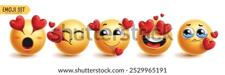 Emoji in love emoticon characters vector set. Emojis emoticons character with in love, heart, lovely, happy and funny graphic elements collection. Vector illustration emojis icon collection.
