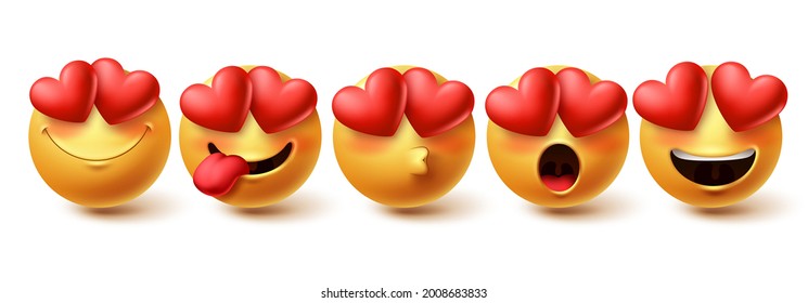 Emoji in love face vector set. Emojis yellow emoji in happy, blushing, kissing and in love facial expressions isolated in white background for design elements. Vector illustration
