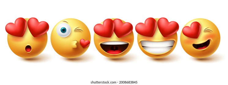 Emoji in love face vector set. Emojis collection in kissing, in love and happy facial expressions isolated in white background for emoticon design elements. Vector illustration
