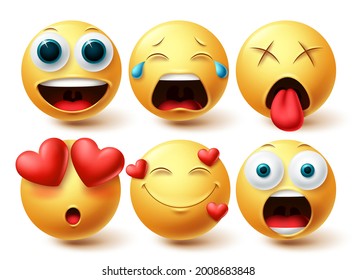 Emoji In Love Face Vector Set. Emojis Emoticon Happy, In Love And Amaze Facial Expressions Isolated In White Background For Graphic Design Elements. Vector Illustration
